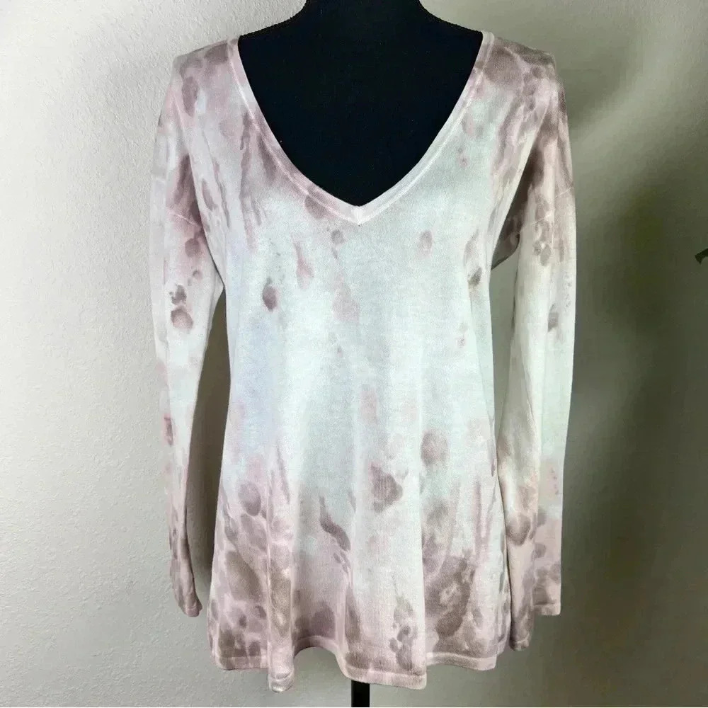J. Jill V-Neck Deep Mauve Pale Pink Paint Splatter Long Sleeve Sweater Small